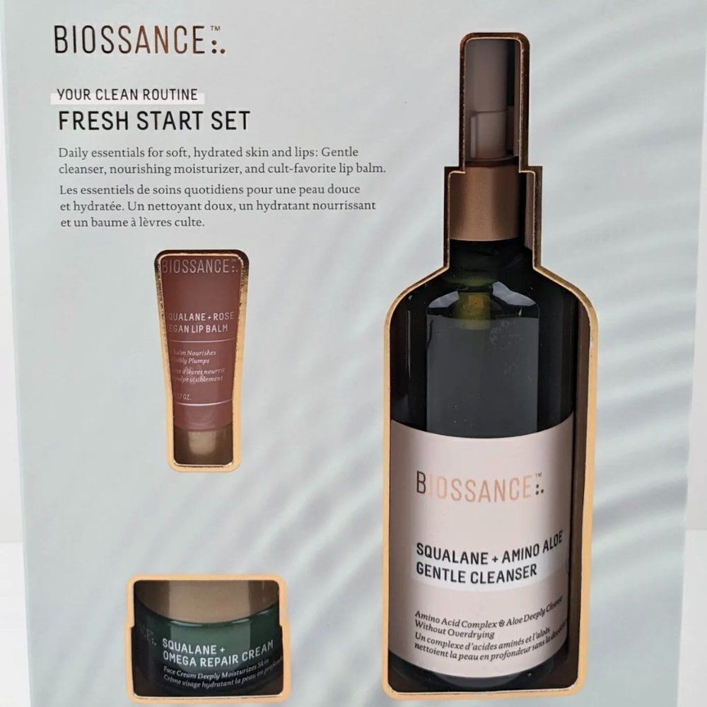 Biossance Fresh Start Set: Squalane Cleanser, Omega Repair Cream, Lip Balm NIB